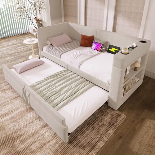 UATARU 90x200 cm Upholstered Daybed, Single Sofa Bed with Pull-Out Bed, Armrests with USB & Type-C Charging Connection and Drink Holder, Without Mattress ﻿ (Beige)