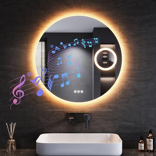 SONNI Badspiegel mit Beleuchtung Rund 70 cm, LED Spiegel mit Bluetooth und Touch-Schalter, Dimmbar, Beschlagfrei, 3 einstellbare Lichtfarben