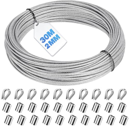Bridokit 30m Edelstahl Stahlseil Ummantelt Kit, 2mm Drahtseil Rankhilfe Spanndraht mit M2 Aluminium-Crimpschlaufenhülsen und Stahlkauschen zum Aufhängen, Bündeln, Garten-Draht für Kletterpflanzen