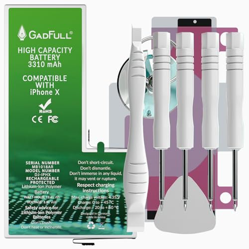 GadFull Batteria ad Alta Capacità compatibile con iPhone X | 2024 Data di produzione | incl. Set di riparazione manuale & Kit strumenti Profi | Nuova Batteria Cellulare Extra
