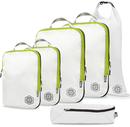 TRIPPED Travel Gear Kompression Verpackung Würfel 6 teiliges Set für Carryon Travel-leicht dauerhaft Veranstalter Gepäcktaschen mit Doppel-Reißverschluss (weiß und grün)