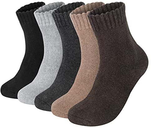 Justay 5Pcs Men Winter Merino Wool Socks Thermal Thick Wool Socks Warm Breathable Knitting Cotton Thermal Athletic for Hiking Trekking Gift for Man Black Camel Brown UK 6-12