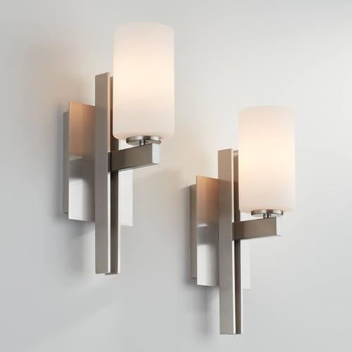Possini Euro Design Ludlow Modern Wall Light Sconces Set of 2 Brushed Nickel Metal Hardwired 4 1/2 Fixture Frosted White Glass Cylinder Shade for Bedroom Bathroom Vanity Living Room Home Hallway