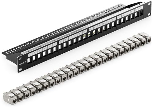 deleyCON 24 Ports Panneau de Brassage CAT 8 Kit Panneau de Distribution 19 Pouces 1UH + 24x RJ45 Modules Keystone Jack CAT8 40 Gbit/s 2000 MHz Compatibles avec Câbles d'Installation CAT7 CAT-8