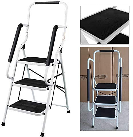 3 Stufen Leiter, Trittleiter Klappbar mit Handlauf & Rutschfester Plattform, Stehleiter Klappleiter, Klapptritt aus Metall, Haushaltsleiter bis 150kg