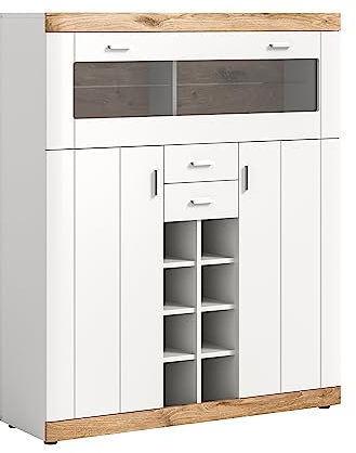 xonox.home Wohnen Laredo X2NE4T80 Barschrank Hausbar Minibar Weinbar in Front weiß matt Tiefzieh Korpus weiß Melamin Abs. Nox Oak Nb., ca. 117x142x37,5cm