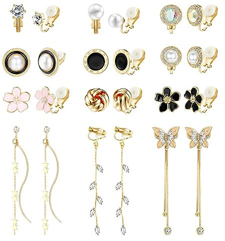 Dochais 12 Paar Ohrclips Damen - Herz, Stern, Blumen, Schmetterling Ohrringe - Hypoallergene Klipp Ohrringe, Ear Cuff Gold Silber, Ohrklemme Niedlich