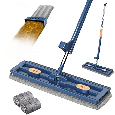 Großer Flachmop, 2023 Neu Großer Flach Mopp Bodenwischer, Flacher Wischmopp mit auswringfunktion, 360° Drehgelenk Bodenwischer Set Flachmopp mit Wiederverwendbaren Mikrofaser-Wischpads (Blau + 2 Pads)