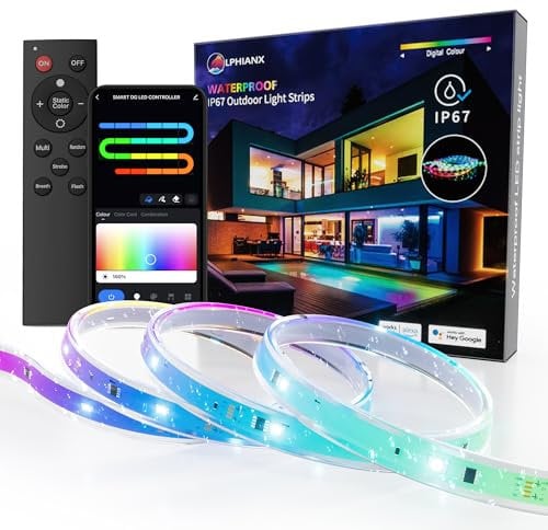 Lphianx 20m Outdoor Led Strip Lights Waterproof, IP67 Waterproof Smart Light Strips with App Voice Remote Control, Music Sync Color Changing Exterior Led Lights for Deck,Balcony,Roof,Garden,Pool