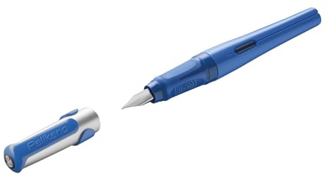 Pelikan Pelikano Original Füllhalter Blau, für Rechtshänder, Feder M, inkl. 1 Großraumtintenpatrone Königsblau – Soft-Griffzone, Edelstahlfeder – Made in Germany