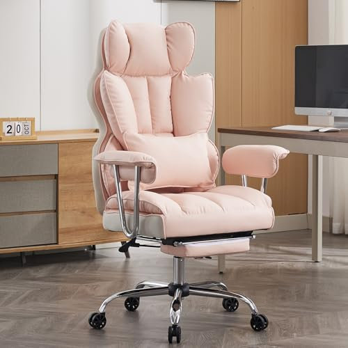 Efomao bürostuhl ergonomisch, PU Leder Chefsessel, bürostuhl 200 kg mit Fußstütze und Lendenwirbelstütze, Verstellbarer Stuhl mit hoher Rückenlehne, blassrosa
