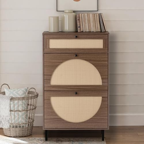 UEV Schuhschrank mit 2 Klappen, 70 x 24 x 119cm, mit 1 Schublade, Schuhschrank Rattan, Schuhkipper Schmal, Schrank Flur Schuhkommode im Flur, Platzsparend, braun
