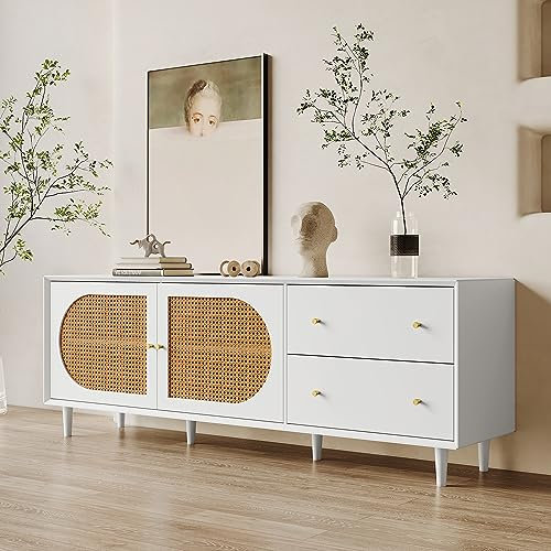 VSOGA Meuble TV blanc avec pieds en bois véritable et beaucoup d'espace de rangement, 2 tiroirs, 2 portes, design élégant en rotin
