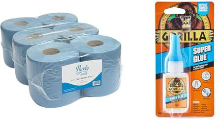 Blake & White PS1214 Purely Smile Centrefeed Rolls 2Ply 400 Sheet Blue Pack of 6 & Gorilla Super Glue, 15g – All Purpose, Impact Tough & Fast Setting with Anti-Clog Cap