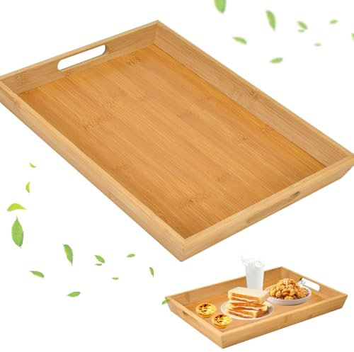 ADERTOS Serviertablett Bambus Tablett Rechteckig Holztablett 37x 26 x4 cm Küchentablett mit Griffen Holz Frühstückstablett Servierplatten Serving Tray für Küche, Esszimmer Cafe Frühstück Getränke