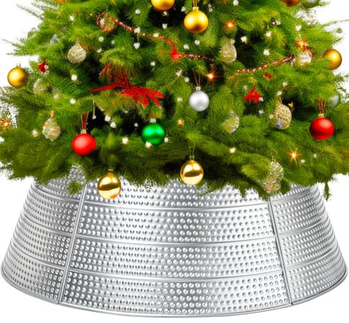 Brightown Metal Christmas Tree Collar, 28 Diameter Christmas Tree Collar Skirt Base Stand Protection from Pets, Perfect for Real or Artificial Trees Holiday Decoration, Silver
