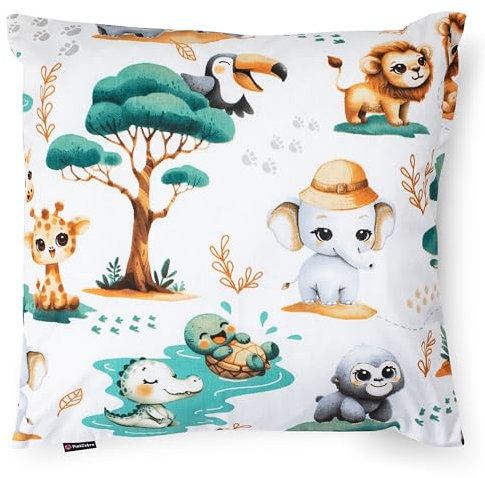 PinkZebra Kopfkissenbezug Kinder, Kissenbezug 80 x 80 cm aus 100% Baumwolle, Kissenhülle Jungen, Öko-tex Standard 100, Kinderbezüge mit Reißverschluss, Safari 2