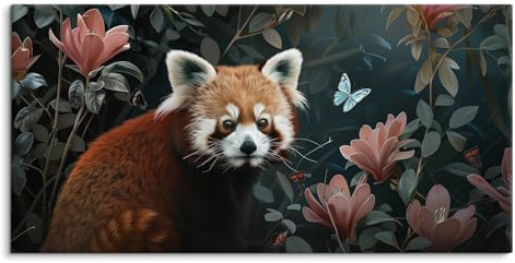 Paul Sinus Wandbild 120x60cm – Charmanter Roter Panda – Faszinierende Naturkunst mit floralen Details