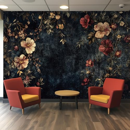 Générique Papier Peint Panoramique Floral Vintage 200x140 cm, Papier Peint Murs Décorative, Chambre Salon, Noir Fleurs Photo Murale Restaurant