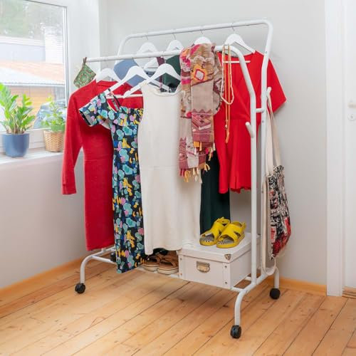 Tatkraft Swan - Kleiderständer, Kleiderständer Metall, Jackenständer, Schwerlast Kleiderständer, 2 Kleiderstangen, bis 100kg belastbar, auf Rollen, weiß