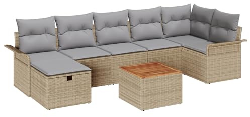vidaXL 8-teiliges Garten-Sofa-Set mit hellgrauen Kissen aus beigem Poly-Rattan. Das modulare Outdoor-Möbel-Set eignet Sich perfekt für Deine Terrasse oder Lounge und bietet entspanntes Sitzen.