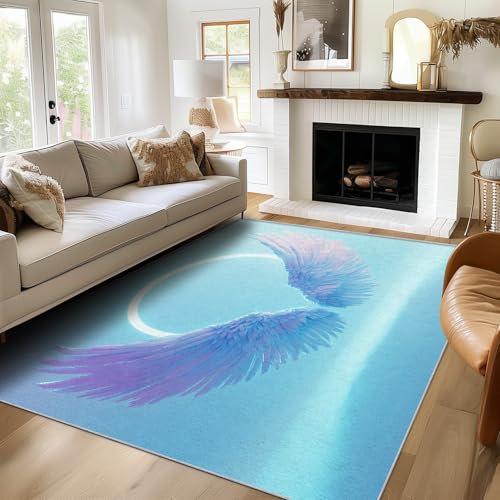 Generisch Teppich Blau Flügel Wohnzimmer 120x160 Waschbar, Aura Modern Schlicht Blau Flügel Teppiche Gegend Schlafzimmer Deko & Wohnaccessoires, Kurzflor, Weich, rutschfest