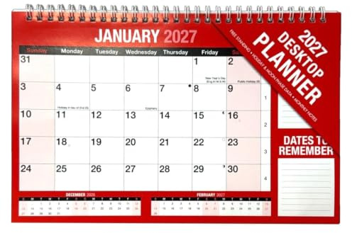 2026 månaders att visa skrivbordsplanerare röd och vit kalender för hemmakontor och skolanvändning (röd 2026)