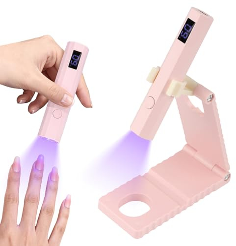 Handheld UV Lamps for Gel Nails with Stand, Mini Portable UV Nail Lamp Rechargeable Cordless with LCD Display Flash Curing for Glue Nail Dryer with 2 Timer Settings for Home DIY Pink