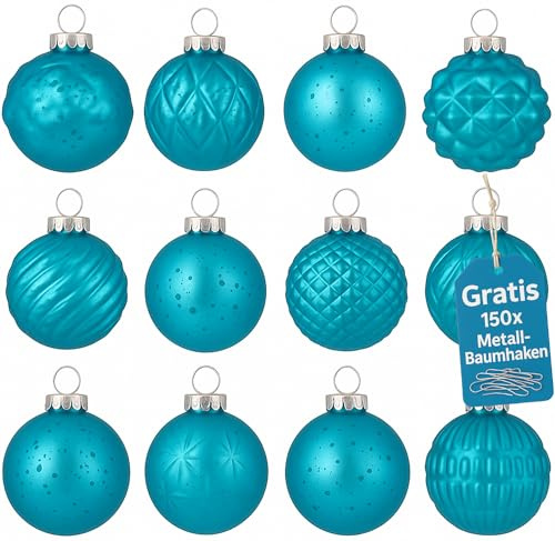 Weihnachtskugeln Glas 12er Set – Premium Christbaumkugeln 8 cm Handbemalt Glaskugeln für Weihnachtsbaum Adventskranz Inkl. 150 Metall-Baumhaken - Hellblau 00226