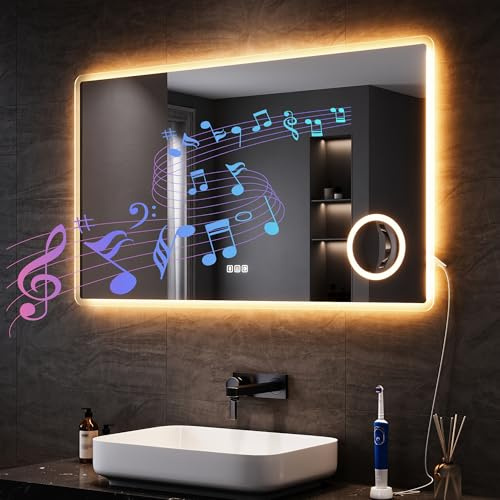 SONNI LED Badspiegel 120x70 cm mit Bluetooth & Steckdose für Renovierung