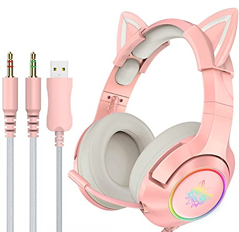 CHUOZI K9 3.5mm Wired Gaming Headset Removable Cat Ears Headphones Noise Canceling E-Sports Earphone with Microphone RGB LED Light Volume Control Mute Mic for Desktop PC