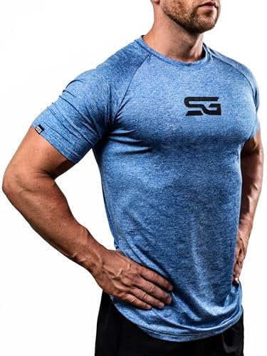 Satire Gym - Sportshirt Herren Kurzarm - Sport Shirt Männer - Slim Fit T-Shirt als Activewear Funktionsshirt für Fitness, Laufen, Bodybuilding (Blau Meliert, L)