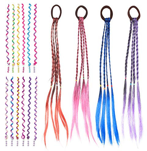 BIGKASI 16 TLG Bunte Haarsträhnen & Haar Torsion Set 4 Geflochtenes Haargummiband Haarteile Dirty Braid und 12 Farbiger Spirale Haarschmuck Haar Styling DIY Zubehör für Mädchen Party Geburtstag