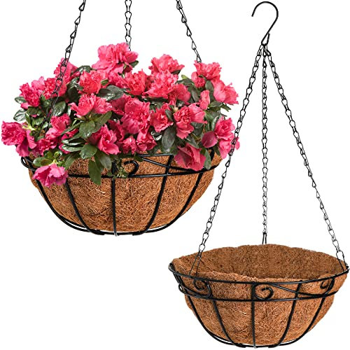 Tosnail 2 Pack 12 Metal Hanging Flower Pots, 12 inch Hanging Planters Plant Basket with Thick Coco Fiber Liners - S Patterns