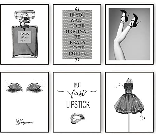 HOGEBIG Fashion Wall Art Prints Silver Grey Room Decor Glitter Black Dress Wall Decor Art Posters Perfume Bottle Lipstick Eye Shadow Makeup Girls Room Pictures (11x14 UNFRAMED)
