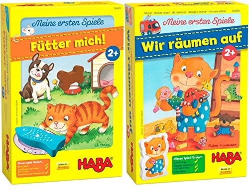 HABA 305473 - Meine ersten Spiele – Fütter Mich! Zuordnungsspiel ab 2 Jahren für 1 – 5 Spieler mit 5 Holzfiguren zum Thema Haustiere & 303469 - Meine ersten Spiele, Wir räumen auf Lernspiel