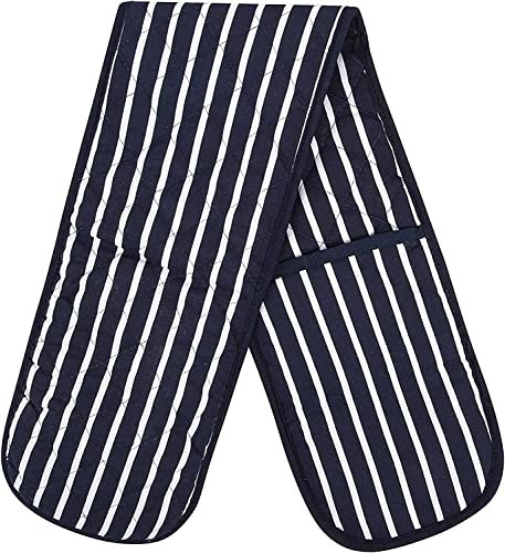 Double Oven Gloves Butcher Quilted Stripe Heat Resistant Oven Mitts Pot Holder Heat Resistant Mitt 100% Cotton For Baking and Cooking Navy Oven Gloves