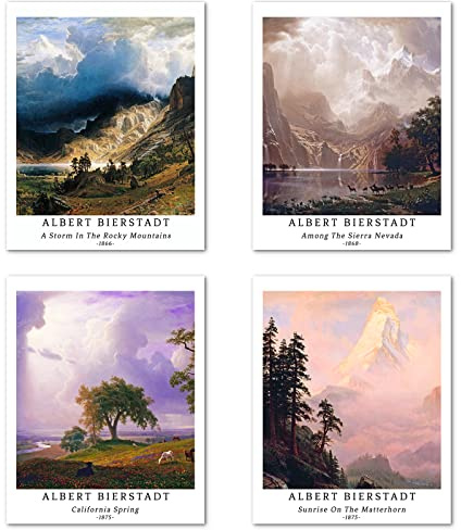 Kunstdruck Ungerahmt Klassische Landschaft Bilder Set von 4, Poster Größe: 28x35 cm Premium Kunstpapier Wanddeko Moderne Natur Blumen Baum Wald Passenden Wohnzimmer Deko Albert Bierstadt Poster