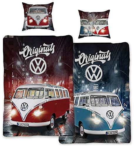 VW Volkswagen Bulli Bettwäsche Originals Übergröße 155 cm x 220 cm + 80 cm x 80 cm Rot Blau 100% Baumwolle Renforcé-Linon-Qualität Retro Camper Van 2 Motive Wendebettwäsche Reißverschluss 087