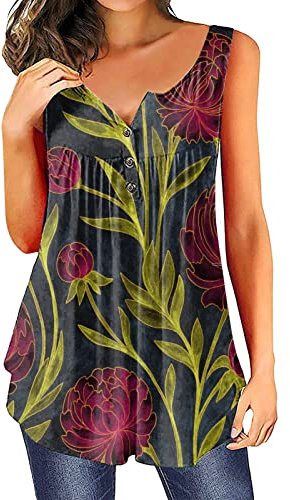 Azruma Tank Top Damen Sport Bluse Damen Weiß Partner Tshirt Casual V-Ausschnitt Button Down Drucken ÄRmelloses Plissee ÜBergrößE Tanktop Damen T Shirt Kurzer Arm (Dark Purple, 4XL)