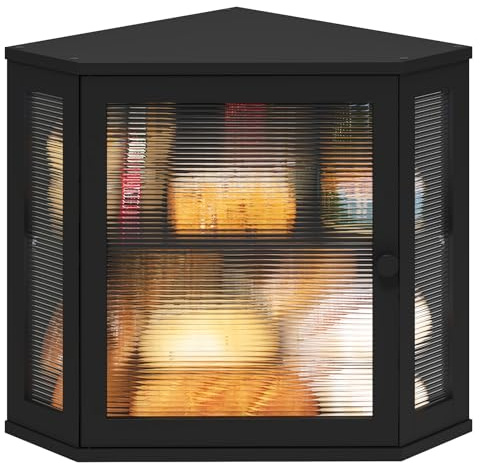 viewcare Corner Bread Box for Kitchen Counter, Bamboo Wood Black Bread Box, Large Capacity Bread Storage Bin with Acrylic Wavy Door Panel (Black, Meduim)