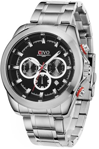 CIVO Herren Uhr Chronograph Analog-Quarz: Silber Edelstahl Armbanduhr Männer