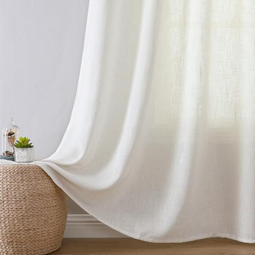 Joydeco Rideau en Lin Naturel Translucide avec Oeillets, Lot de 2 Rideaux Voilages 140x260cm pour Décoration Fenêtre, Drapiers Intérieurs Modernes pour Salon Chambre Bureau - Blanc