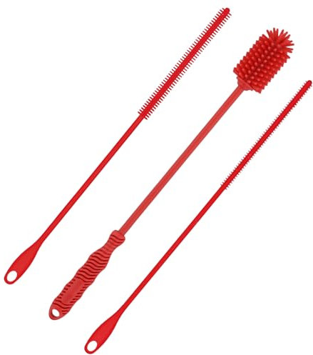 Cleaner Brush Set, 3pcs Silicone Brushes 14.96inch Reusable Silicone Water Bottle Brush 9.45inch Soft Straw Cleaning Brush Set Extra Long Water Cup Brush for Stanley (Red)