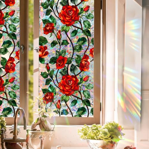 Runtoo Calcomanías decorativas de vinilo para ventana, diseño de rosas rojas arcoíris en 3D, no adhesivas, adherencia estática, 15.75 x 40 pulgadas