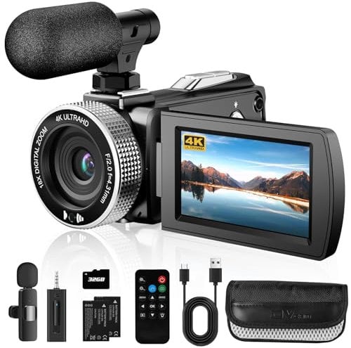 Videocamera 4K, 48 MP, foto 4K 60 FPS, videocamera digitale per vlogging Youtube, con 2 batterie/microfono wireless/scheda SD/telecomando