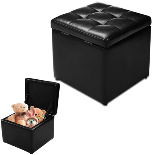 RELAX4LIFE Sitzhocker mit Stauraum, Sitzwürfel Kunstleder, Sitzbox mit 4 Fußpolster, Aufbewahrungsbox, Sitzbank mit Tragfähigkeit bis 120 kg, für Büro Schlafzimmer oder Wohnzimmer (Schwarz)