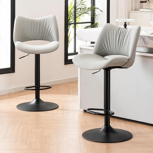 YOUNUOKE Bar Stools Set of 2, Adjustable Swivel Barstools with Curve Hollow Backrest, PU Leather Modern Kitchen Counter Height Bar Chairs with Thickened Seat, 300LBS Support, Gray