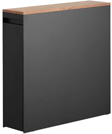 Yamazaki 1427 Tower Auszieh-Regal mit Holzablage, schwarz, Stahl/Holz/Polypropylen/Silikon, minimalistisch, 56 x 14 x 55 cm