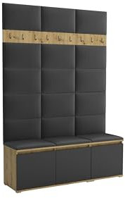 Brent - Garderobenschrank Flur Artisan Eiche Schwarz mit sitzbank 150 cm Breit Luton 3 - Multifunktionale Flurgarderobe Set mit Stauraum und Wandpaneel, Garderobe mit Sitzfläche und Kleiderhaken